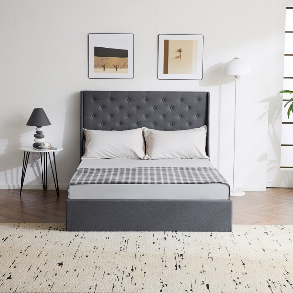 Upholstered Full Platform Storage Bed Frame with 4 Drawers, Wingback Headboard with Button Tufted Design, Wooden Slat Support, No Box Spring Needed, Dark Grey