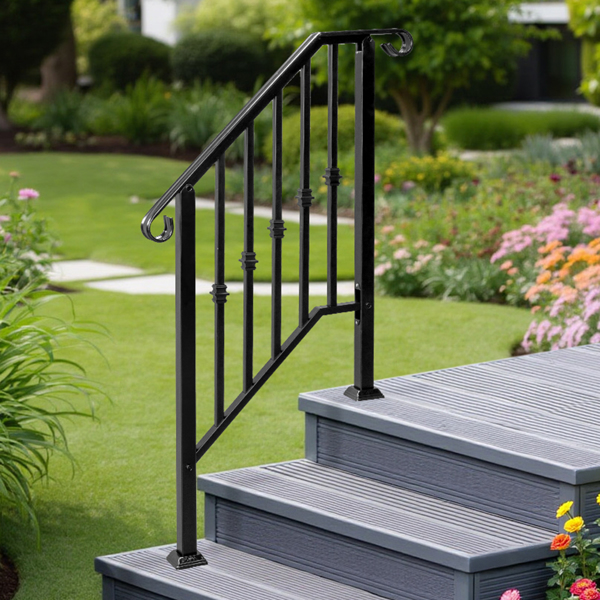 Matte Black Outdoor 2-Step Iron Handrail