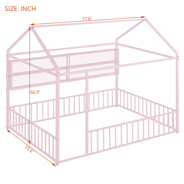 Full Size Metal Bed House Bed Frame with Fence and Shelves, Pink