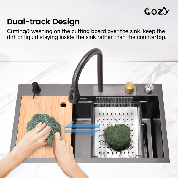 瀑布厨房水槽，黑色不锈钢单碗，带飞雨水龙头和砧板的多功能工作站，30×22英寸【周末不发货，TK/TEMU订单仅支持自提】-12