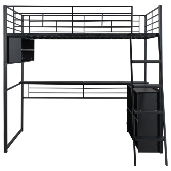 Full Size Metal Loft Bed with LED, Desk and 4 Storage Shelves, Black