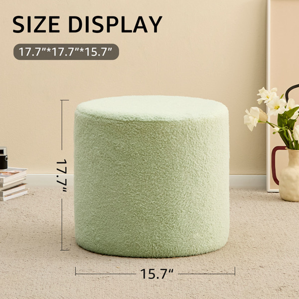 Round Teddy Fleece Ottoman with Soft Padded Seat, Multi-Functional Footrest, Vanity Chairs for Makeup, Upholstered Foot Stool Extra Seating for Living Room, Bedroom(Green, 15 * 15 * 17.7inch)