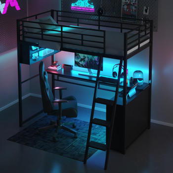 Twin Size Metal Loft Bed with LED, Desk and 4 Storage Shelves, Black