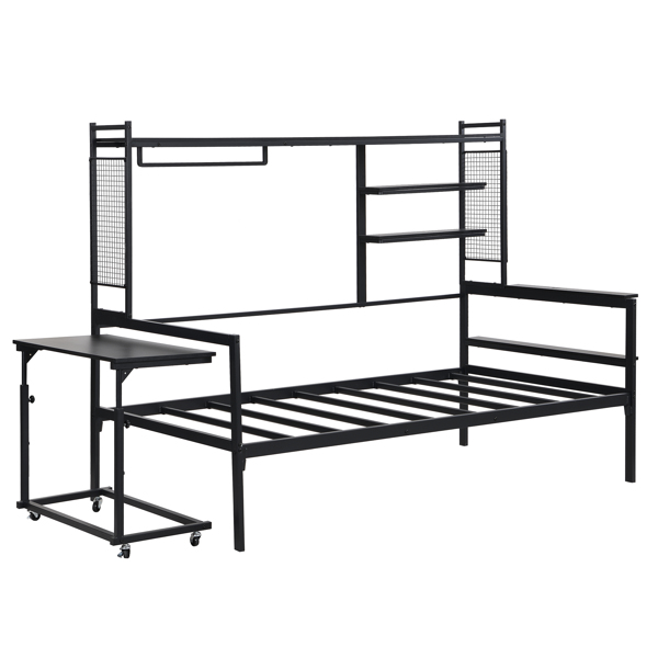 Twin size Metal Daybed with Movable Desk, Metal Grid, Shelves and Clothes Hanger, Black