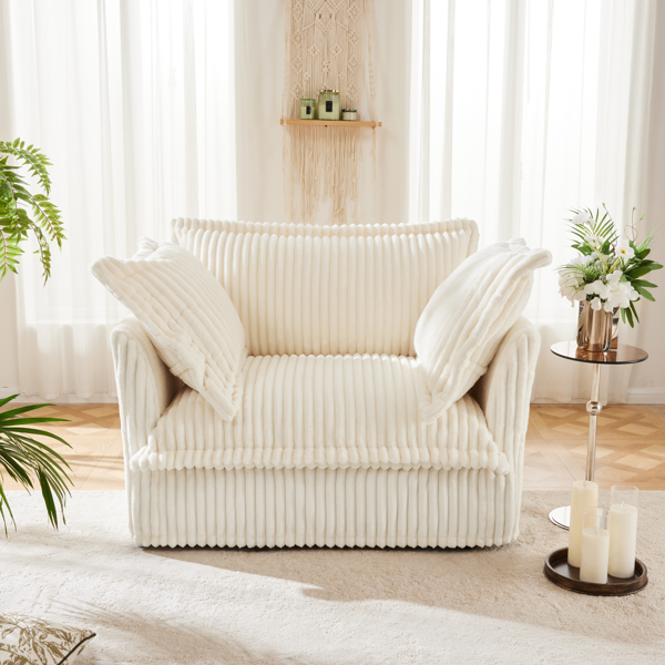 Slip-covered Armchair with 1 Big Back Cushion and 2 Big Toss Pillows, Single Deep Seat Comfy Single Couch Sofa Multiple Large Soft Pillows, Cream Corduroy Fabric