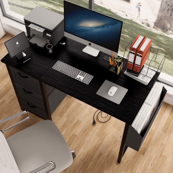 47.3"office desk with power outlet,3 drawers,Large Side Pocket, Desk Easy to Assemble,Frame stability Reversible,  for home desk, computer desk, game table,Writing desk,Vanity table, black