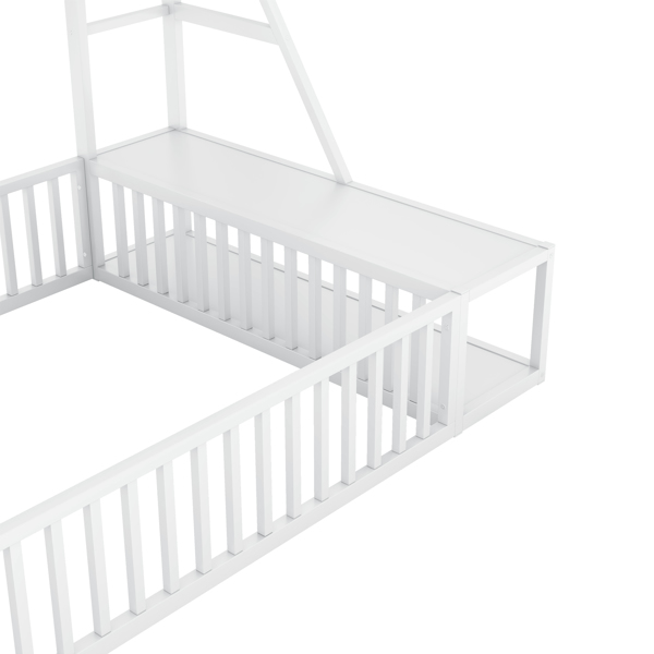 Full Size Floor Bed Frame with Safety Fence, Metal Floor Bed with Desk and Storage Shelves, Playhouse for Kids, White