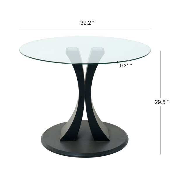 Modern simple table with a glass round table and four chairs. Transparent tempered glass countertop, black wood grain spray legs, suitable for kitchen living room dining room (set of 5)