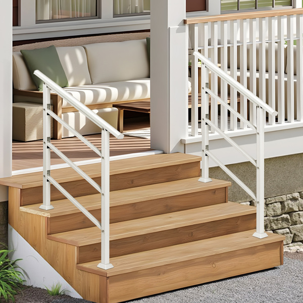 Handrails for Outdoor Steps, Wrought Iron Handrail Fits 1 or 3 Steps, Transitional Handrail with Installation Kit, White