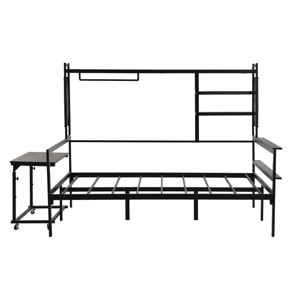 Full size Metal Daybed with Movable Desk, Metal Grid, Shelves and Clothes Hanger, Black