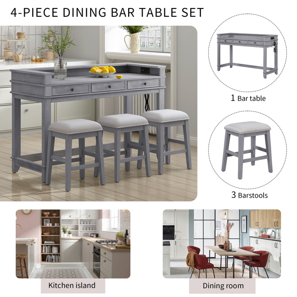 4-piece Dining Bar Table Set with 3 Upholstered Stools, Multifunctional Dining Table with 3 Drawers (Gray)