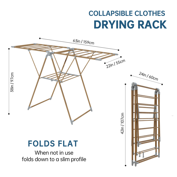 1pc, Clothes Drying Rack Foldable, Foldable Laundry Drying Rack, Free-Standing Large Drying Rack, with Height-Adjustable Wings, for Indoor Outdoor, Wood color