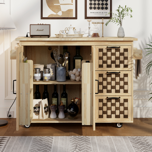 53.2"W 3D Woven Checkerboard Pattern Design Kitchen Island with Drop Leaf, Rolling Kitchen Island on Wheels with Internal Storage Rack, Power Outlet, Kitchen Cart with 3 Drawers 2 Cabinets, Nature