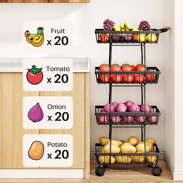 Kitchen with 4 layers of slender fruit baskets, stackable metal wire fruit and vegetable storage baskets with wheeled storage racks, metal agricultural product baskets, black