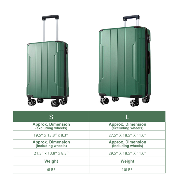 Luggage Sets 2 Piece, Hardshell ABS Lightweight and Expandable(only 28") Suitcases with Double Wheels, Carry-on Luggage, 2-Piece Set (20/28), Green