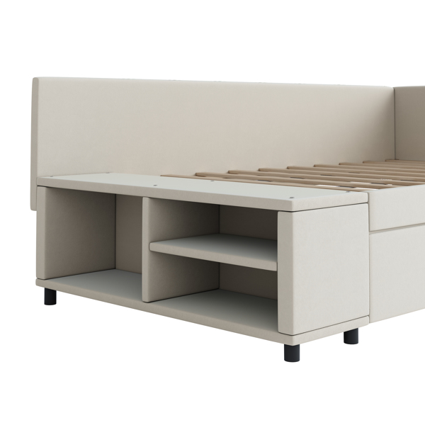 Twin size L-Shaped Upholstered Platform Bed with Storage and Drawers, Beige