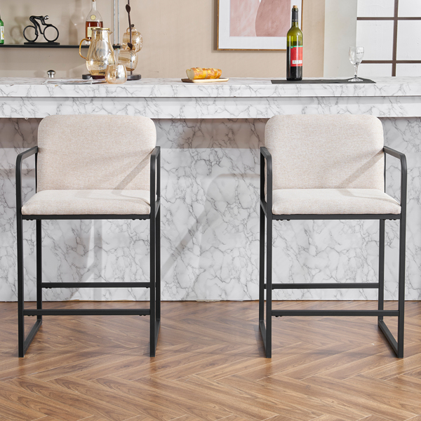 Set of 2,Modern Upholstered Counter Height Bar Stool with Armrests, Metal Frame and Padded Seat, Comfortable Dining Chair for Kitchen Island, Home Bar or Restaurant - Beige