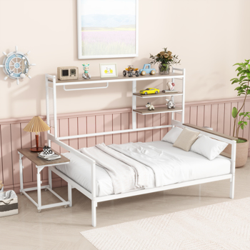 Full size Metal Daybed with Movable Desk, Metal Grid, Shelves and Clothes Hanger, White