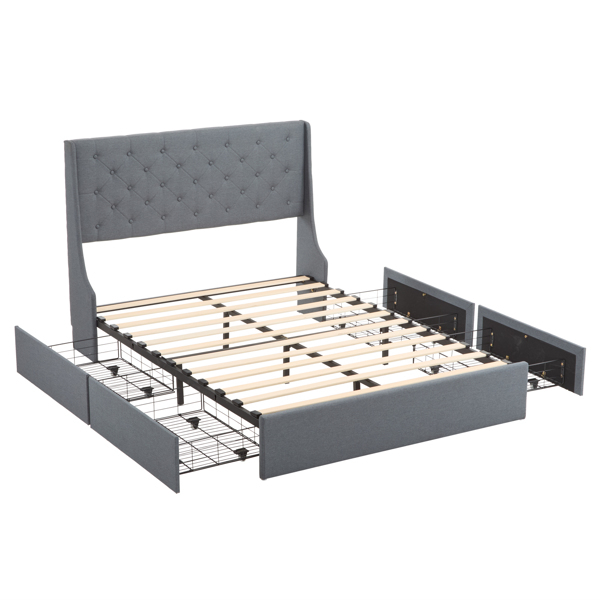 Upholstered Full Platform Storage Bed Frame with 4 Drawers, Wingback Headboard with Button Tufted Design, Wooden Slat Support, No Box Spring Needed, Dark Grey