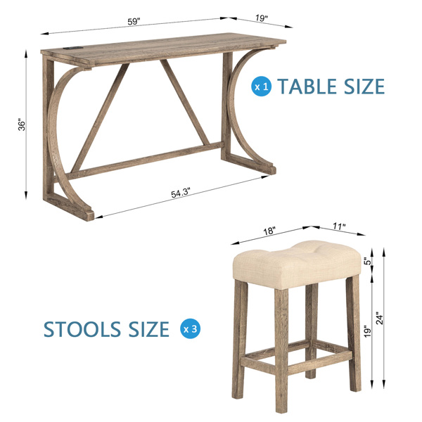 4-Piece Bar Table Set with Power Outlet, Dining Bar Table and Chairs Set,Bar Table Set with 3 Padded Stools for Living Room, Dining Room, Game Room, Brown