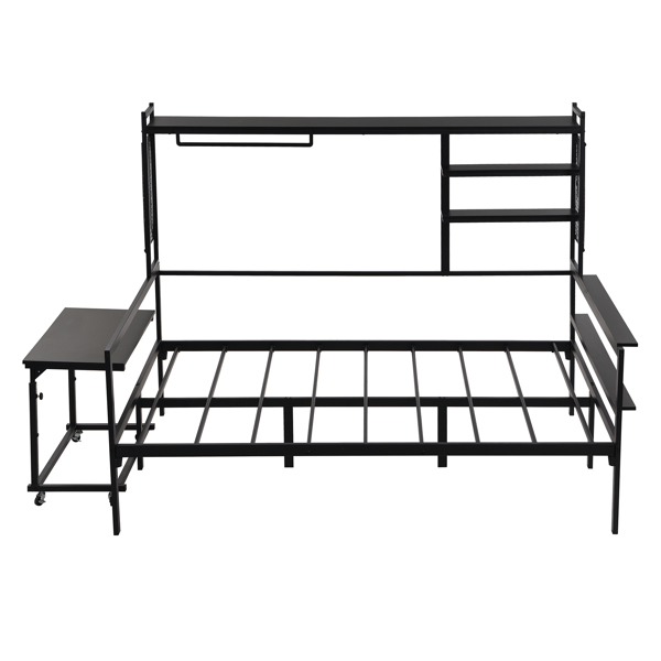 Full size Metal Daybed with Movable Desk, Metal Grid, Shelves and Clothes Hanger, Black