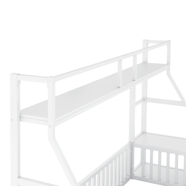 Full Size Floor Bed Frame with Safety Fence, Metal Floor Bed with Desk and Storage Shelves, Playhouse for Kids, White