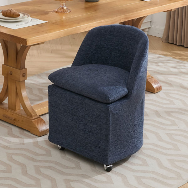 058-Set of 2 Chenille Fabric Dining Chairs With Universal Wheels,Blue