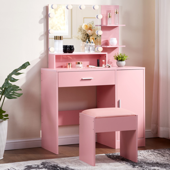 Pink Textured Particle Board with Melamine Coating Vanity Set with 1 Drawer, 1 Door, and 3 Shelf Layers, featuring Three-Tone Dimmable Globe Bulb Lamp