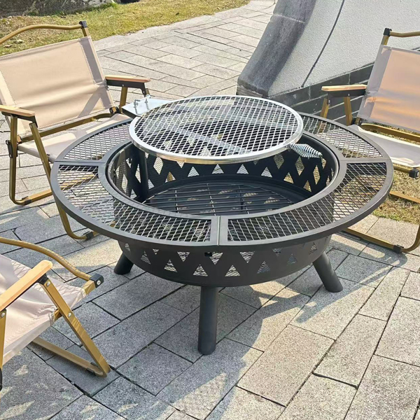 39-inch fire pit, outdoor wood-burning barbecue pit bowl, steel round table for picnic on backyard campfire patio