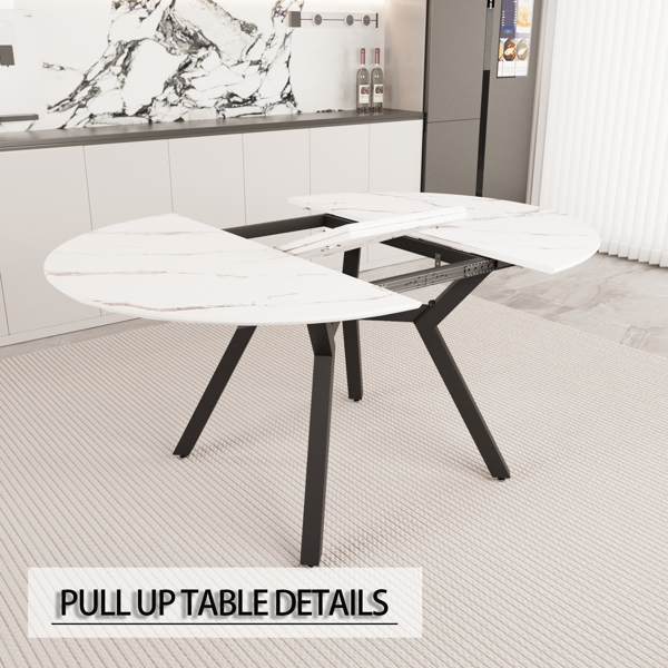 47-63 " extendable white circular dining table, 4-6 person kitchen dining table, modern coffee table with MDF tabletop and metal legs, suitable for kitchen&home 