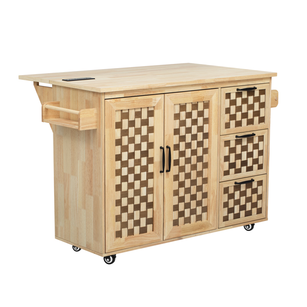 53.2"W 3D Woven Checkerboard Pattern Design Kitchen Island with Drop Leaf, Rolling Kitchen Island on Wheels with Internal Storage Rack, Power Outlet, Kitchen Cart with 3 Drawers 2 Cabinets, Nature