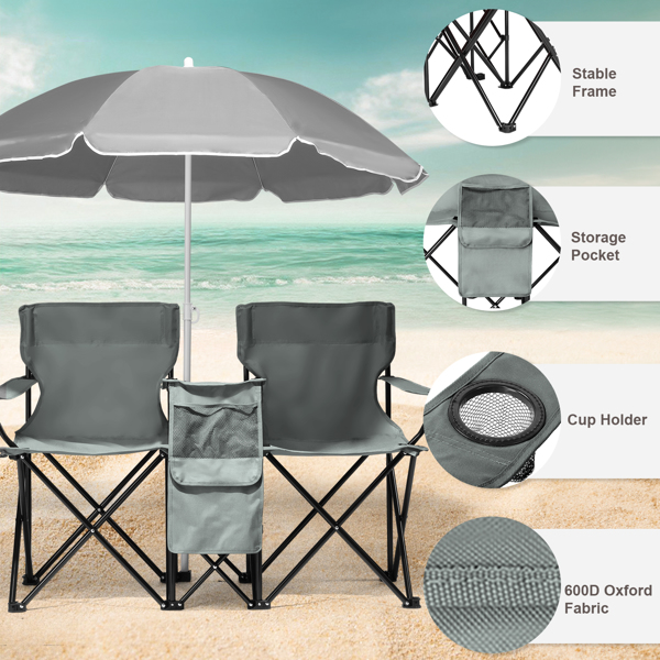 Portable Outdoor 2-Seat Folding Chair with Removable Sun Umbrella Grey