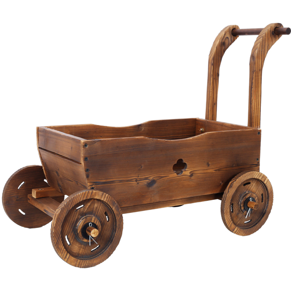 Wooden Wagon Planter Box, Mobile Garden Planter with 4 Wheels, Handle, Drain Hole, Decorative Flower Planter for Indoor & Outdoor Decor, Wooden Flower Cart for Patio, Garden, Balcony, Brown