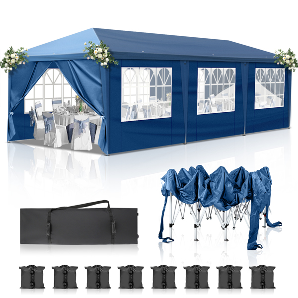 10x30ft Outdoor Pop Up Canopy, Portable Instant Canopy Tent with 8 Sidewalls for Outdoor Events Party Wedding Birthday Graduation, Blue