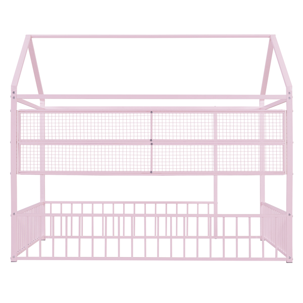 Full Size Metal Bed House Bed Frame with Fence and Shelves, Pink