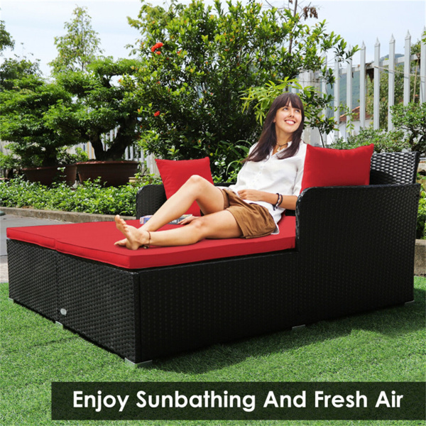 Red Outdoor Rattan Daybed with Upholstered Cushions