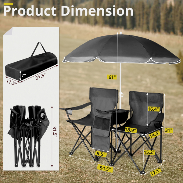 Portable Outdoor 2-Seat Folding Chair with Removable Sun Umbrella Black