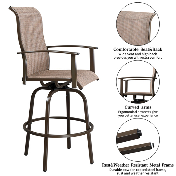 2pcs Wrought Iron Swivel Bar Chair Patio Swivel Bar Stools Brown