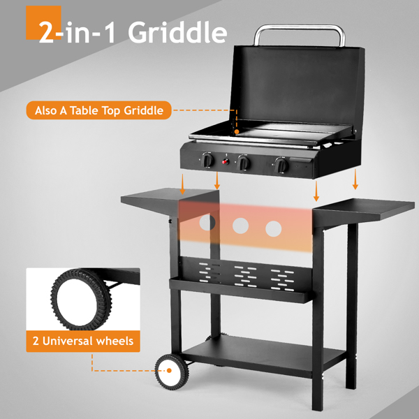 3-Burner Flat Top Gas Griddle Cooking Station with Ceramic Coated Cast Iron Pan, 30,000 BTU Propane Fuelled Griddle Station with Side Shelves & Spice Rack for Outdoor Barbecue Backyard Cookout