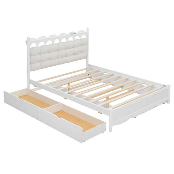 Queen Size Wooden Storage Platform Bed, with 2 Big Drawers, Twin-XL Size Trundle, White