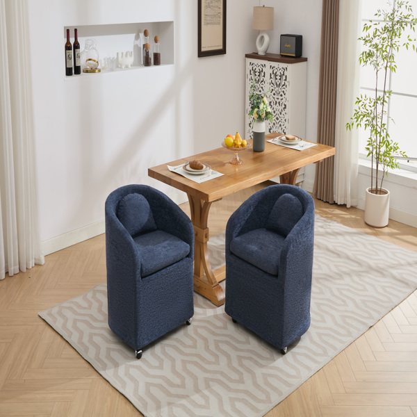 059-Set of 1 Chenille Fabric Dining Armchair With Back Cushion and Universal Wheels,Blue