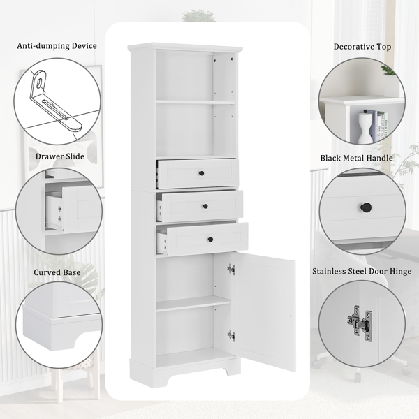 White Tall Storage Cabinet with 3 Drawers and Adjustable Shelves for Bathroom, Study, Office and Interior, MDF Board with Painted Finish