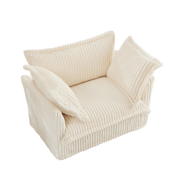 Slip-covered Armchair with 1 Big Back Cushion and 2 Big Toss Pillows, Single Deep Seat Comfy Single Couch Sofa Multiple Large Soft Pillows, Cream Corduroy Fabric