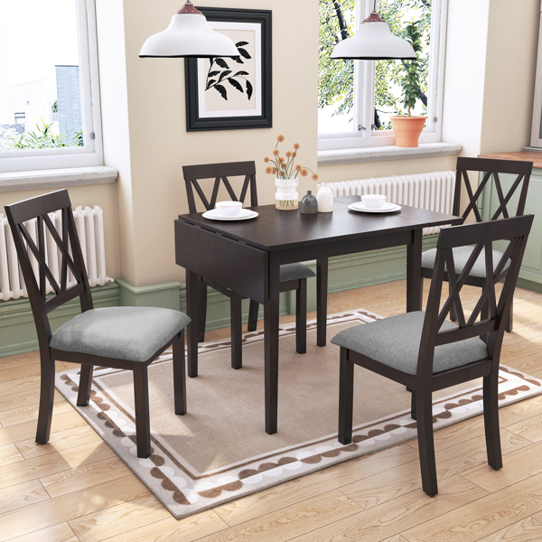 5 Piece Kitchen Dining Set with Drop Leaf Dining Table and 4 Dining Upholstered Chairs, Dining Room Set for Small Places, Espresso