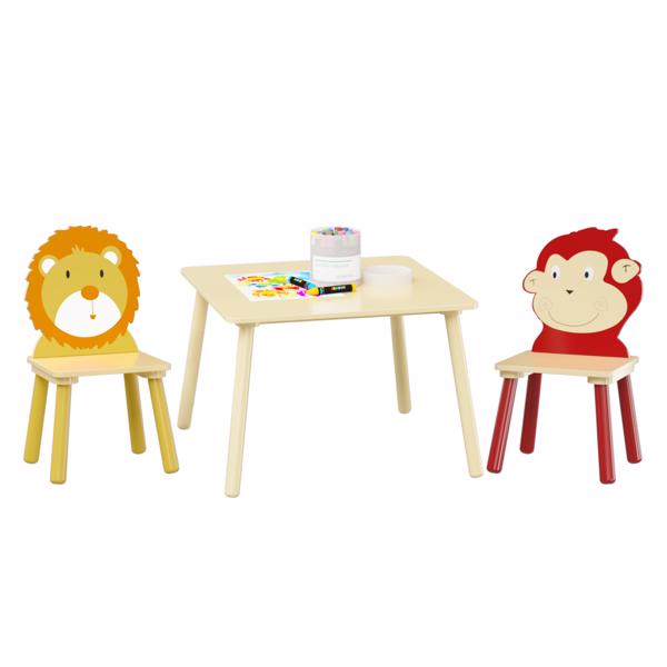 Kids Table and 2 Chairs Set, 3 Pieces Toddler Table and Chair Set, Wooden Activity Play Table Set (Lion&Monkey)