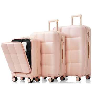 Luggage Sets 3 Piece, 20-inch with USB Port and front opening design,  ABS Hard Shell Luggage with Spinner Wheels, Cup Holder, pink