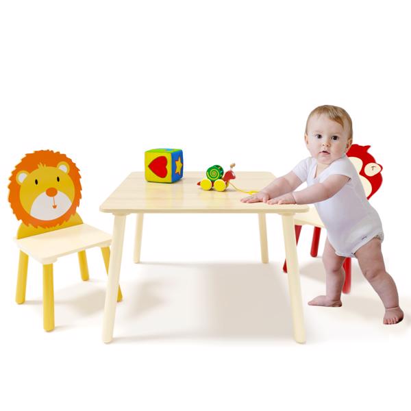 Kids Table and 2 Chairs Set, 3 Pieces Toddler Table and Chair Set, Wooden Activity Play Table Set (Lion&Monkey)