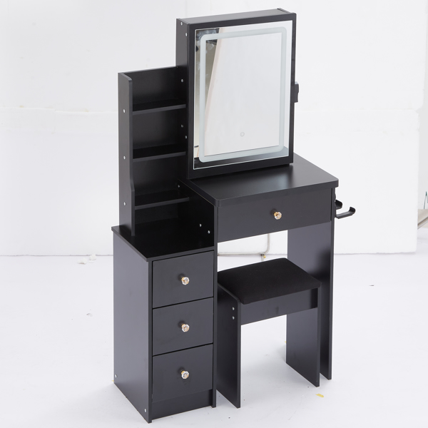 Small Size Left Bedside Cabinet Vanity Table + Cushioned Stool, 2 AC+2 USB Power Station, Hair dryer bracket, Extra Large Touch Control Sliding LED Mirror, Tri-color Switching, EPA,GCC,UL Certificate