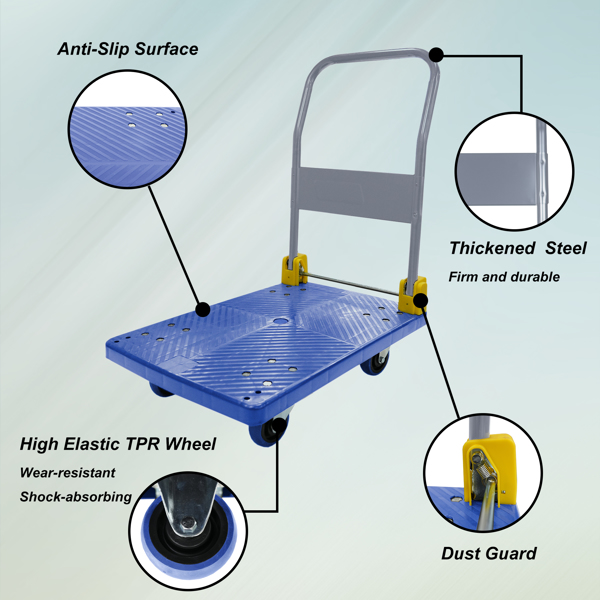 Foldable Platform Push Hand Truck Cart, 880 lbs. Weight Capacity, 2 Swivel Brake Wheels