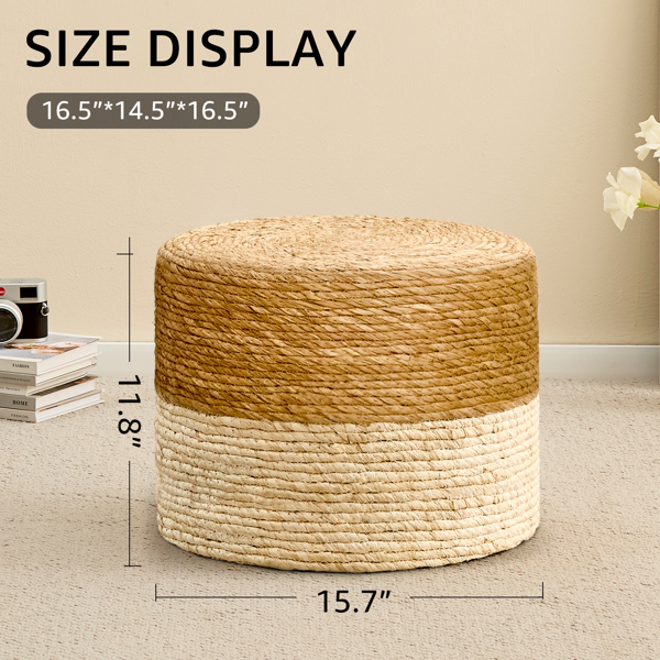 Round Pouf Ottoman, Natural Hand Knitted Footrest Poof, Rustic Lounge Pouffe, Boho Pous Foot Stool, Accent Table or Seat (Natural Cattail + White Corn Husk, 15.7 * 15.7 * 11.8)